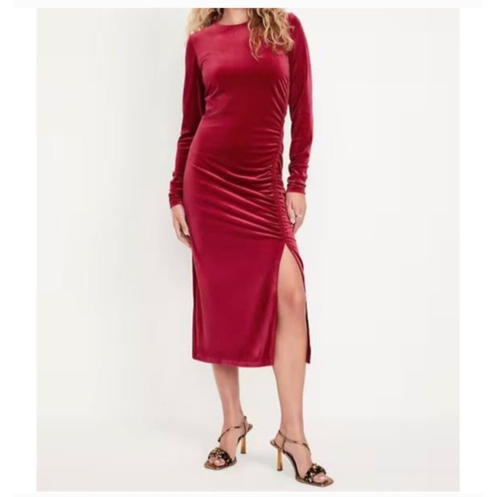 Old Navy Plus Size 3X Red Velvet Ruched Midi Dress New with Tag